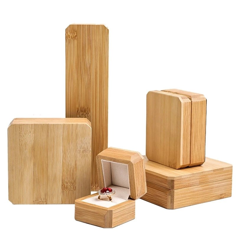 Echte Bambus Holz Schmuckkästchen Großhandel Anhänger Halskette Ring Geschenk Display Verpackung mit Samt Innenraum