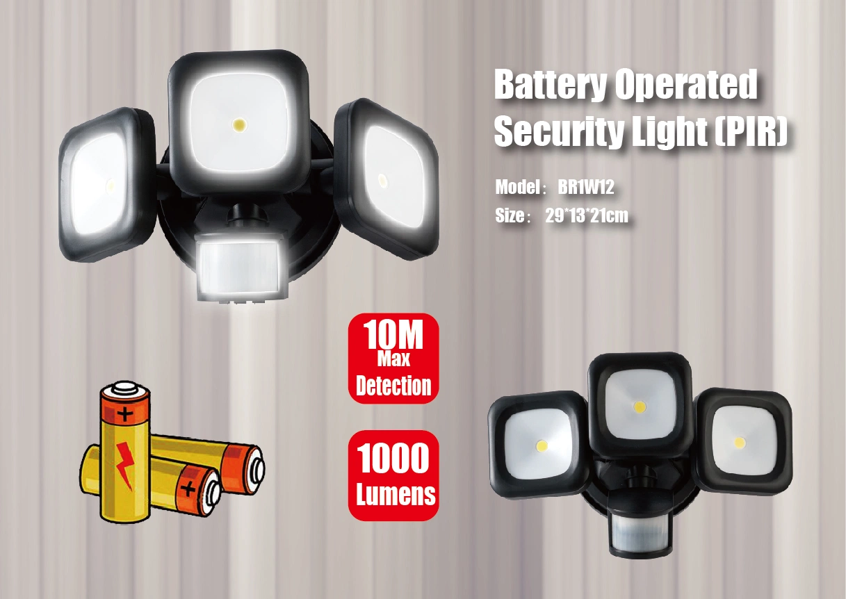 3 Head Battery Security Light with PIR Sensor - 1000lumens