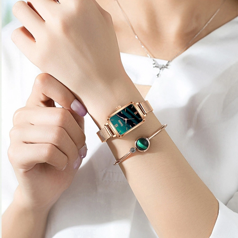 Las mujeres de la marca Fashion Square Damas Relojes pulsera reloj de cuarzo verde conjunto simple de Marcación de malla de oro rosa de las mujeres de lujo relojes