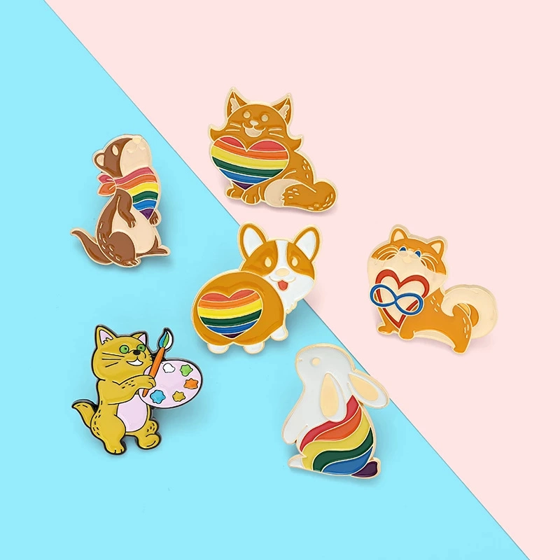 Custom Cat Drawing Rainbow Heart Animals Enamel Pin Rabbit Corgi Squirrel Brooches Bag Cute Lapel Pin Badge