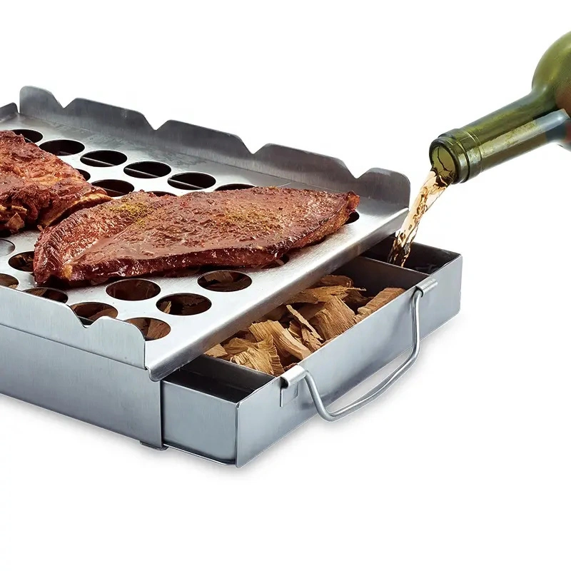 Fábrica OEM de acero inoxidable Smoker Box para pollo de pescado de carne Parrilla de barbacoa Plataforma de fumadores Barbacoa parrilla Rack