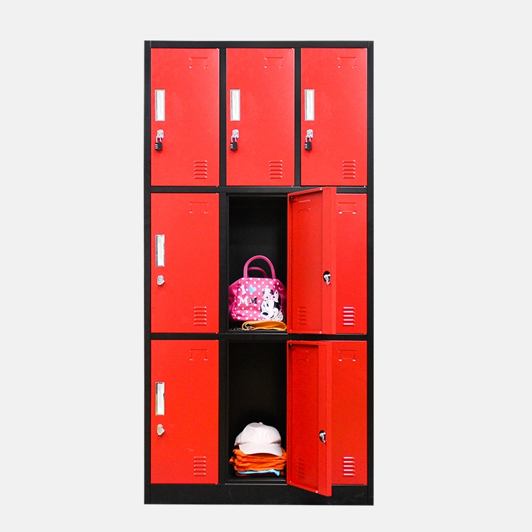 Red Aluminum Clothing Storage Closet 9 Door Gym Locker Modern Nine Door Design Style Steel Locker