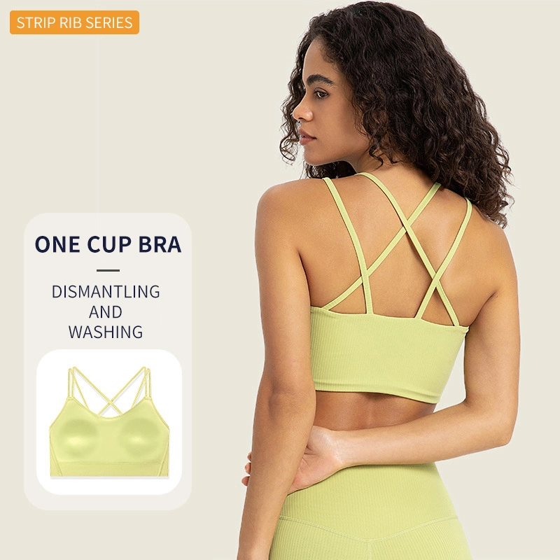 Dw366 New Spr Stripped Rib Fixed Cup Sports Bra Sexy Back Fashion Short Sports Bra Women