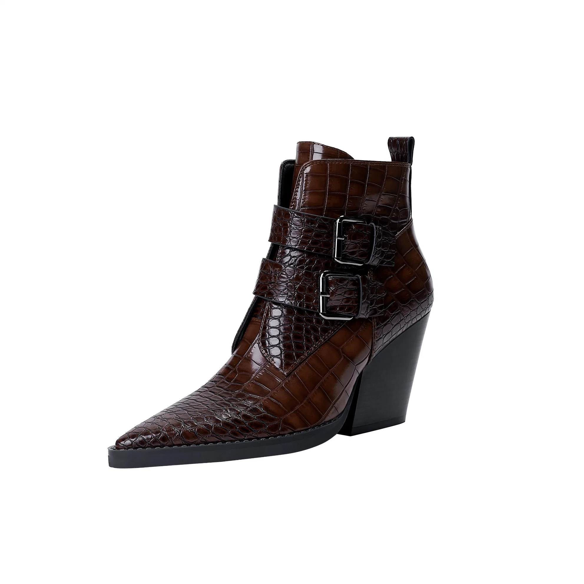 Pointed Toe Burgundy Croco PU Lady Boots Buckled Strap Blocked High Heel Women Ankle Boots