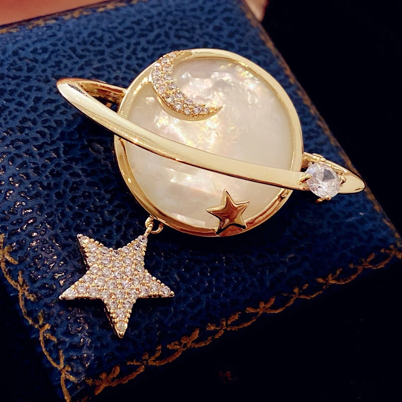 Fashion Niche Natural Mother of Pearl with Zirconia Planet Brooch Jewelry