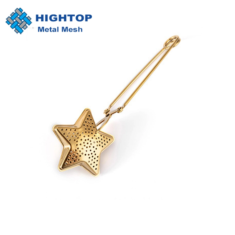 Long Handle Gold Color 304 Food Grade Stainless Steel Star Shaped Tea Strainer Tea Filter with Clips