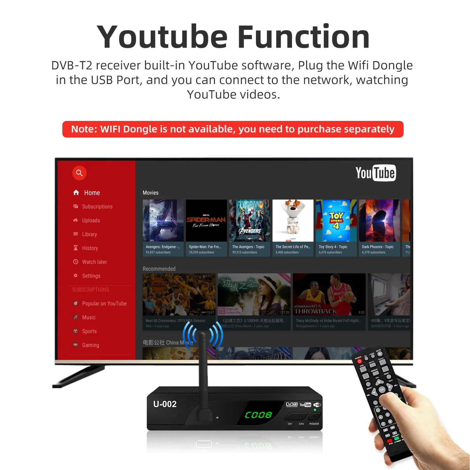 WiFi DVB-T2 del receptor de TV Full HD de youtube