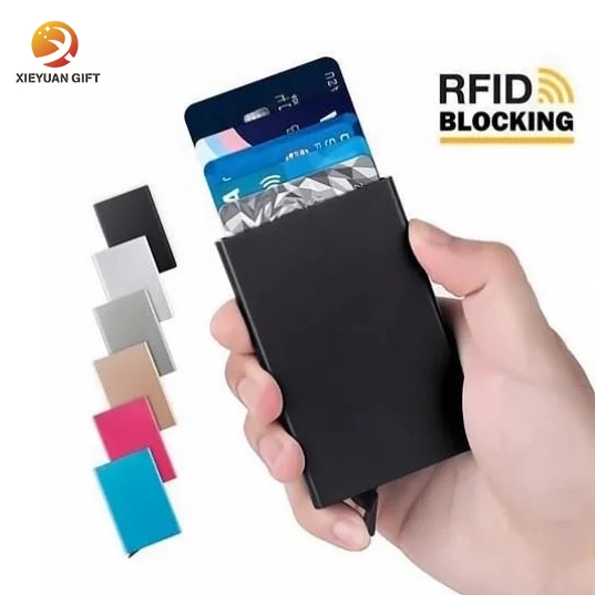 China Wholesaler Slim Fold Wallet for Men Business Card Case Custom Logo Fashionable PVC Leather Aluminum Metal RFID Blocking ID Credit Sleeve Card Holder