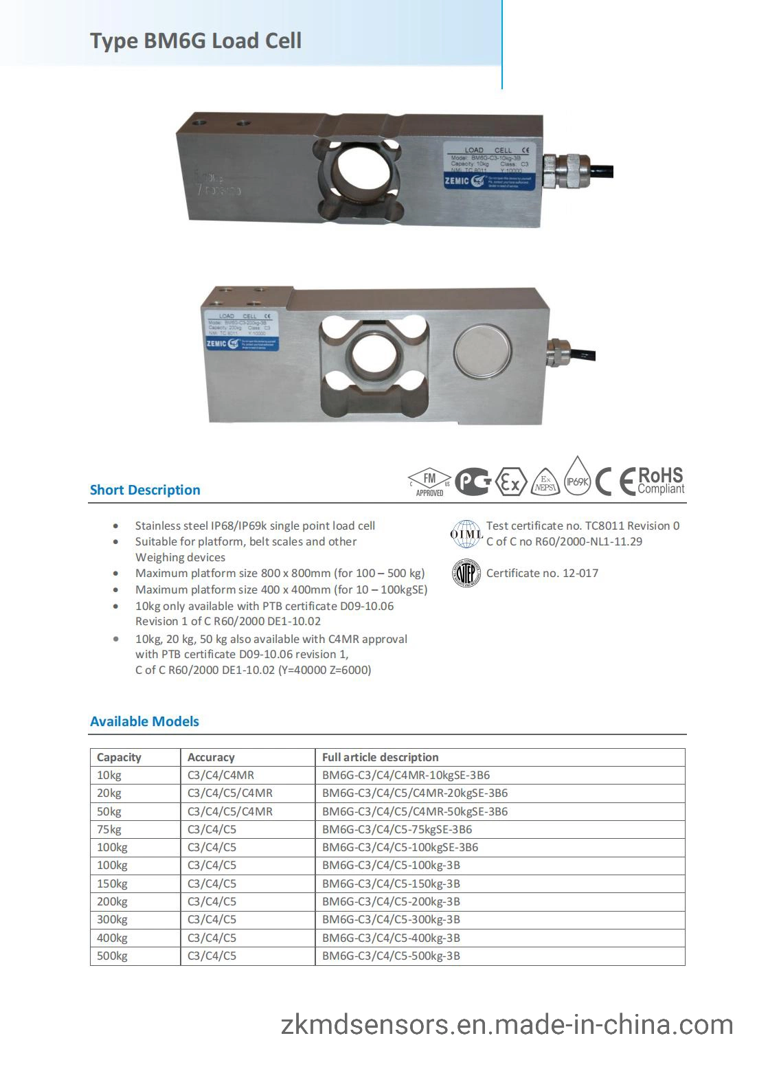 Zemic Bm6g Type 10kg-500kg Single Point Load Cell