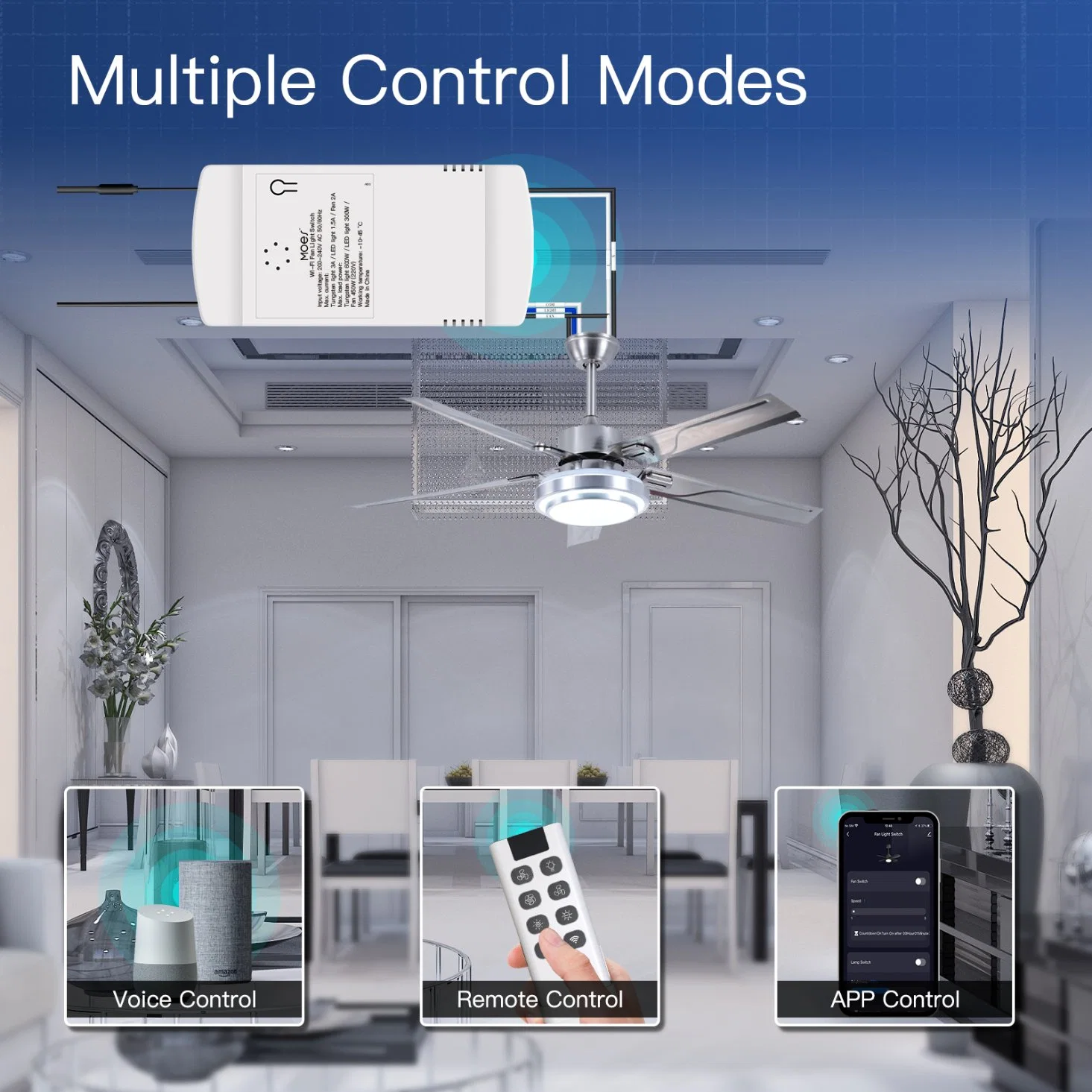 Ventilador de teto com Interruptor de luz da ventoinha inteligente WiFi Tuya Módulo controlo remoto sem fios Alexa Google Home