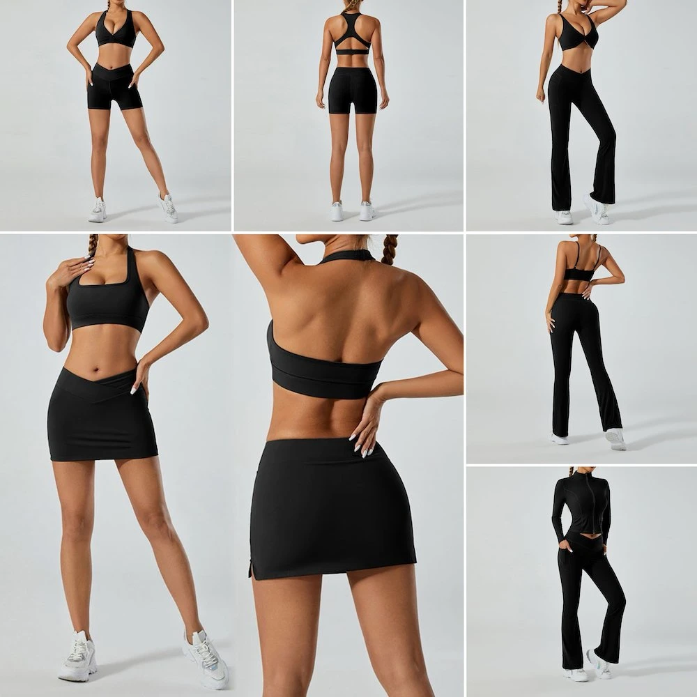 OEM/ODM 7PCS Sexy Workout Sets Premium Tennis Activewear for Women, Custom Stylish Yoga Bra + Running Jacket + Flared Yoga Pants Sweatsuits with Pockets