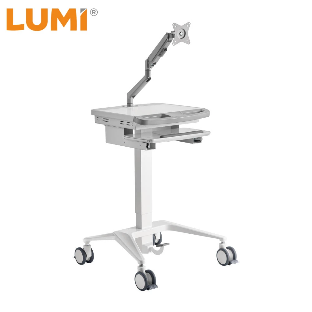 Gas-Lift Medical Cart Mobile Height Adjustable Trolley with Monitor Arm Wheels Keyboard Tray