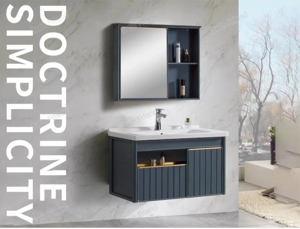 Modern Blue Bathroom Cabinet Door Double Handle Ceramic Sink Basin Makeup Aluminum Cabinet Basin Wall Mounted Vanity