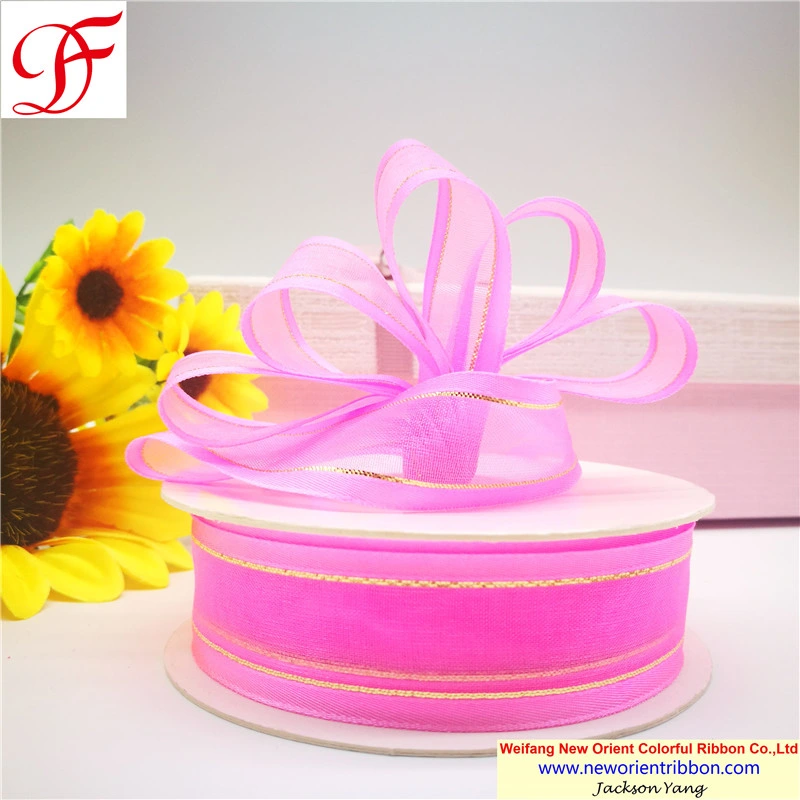 100% Nylon Satin Edge Organza Ribbon with Metallic Trims for Wrapping/Decoration/Xmas/Bows/Garment/Gift Decoration From Factory Directly