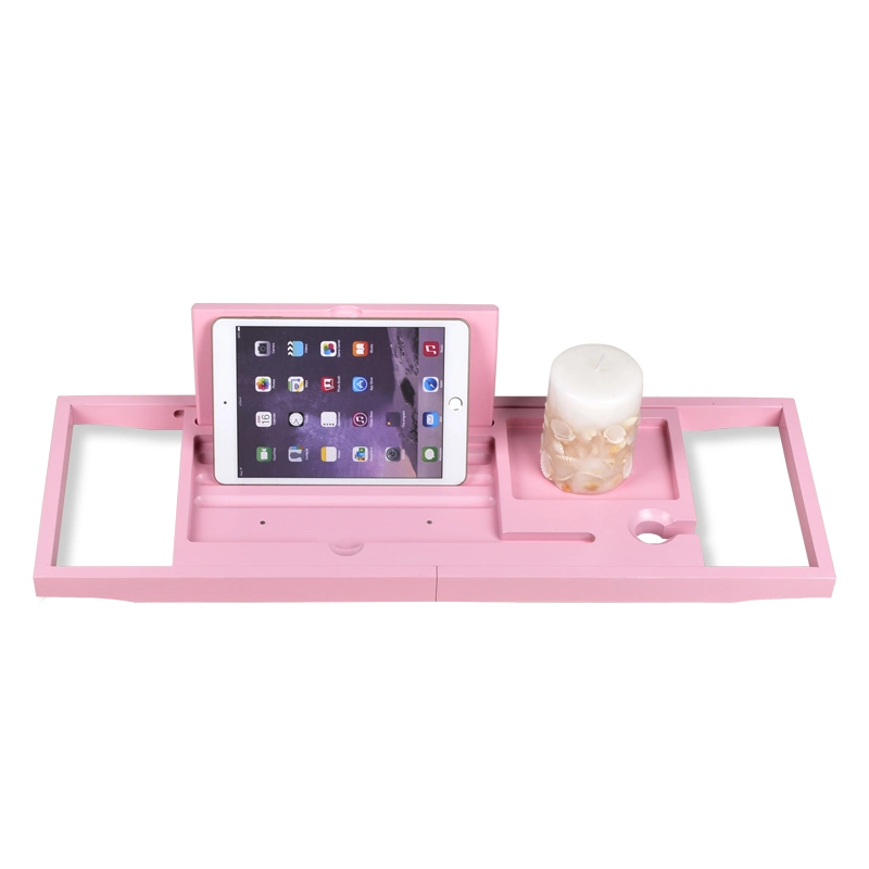 Top Quality Bamboo Bathtub Caddy Tray Pink Color Wine Glass & iPad Holder by Bambooware