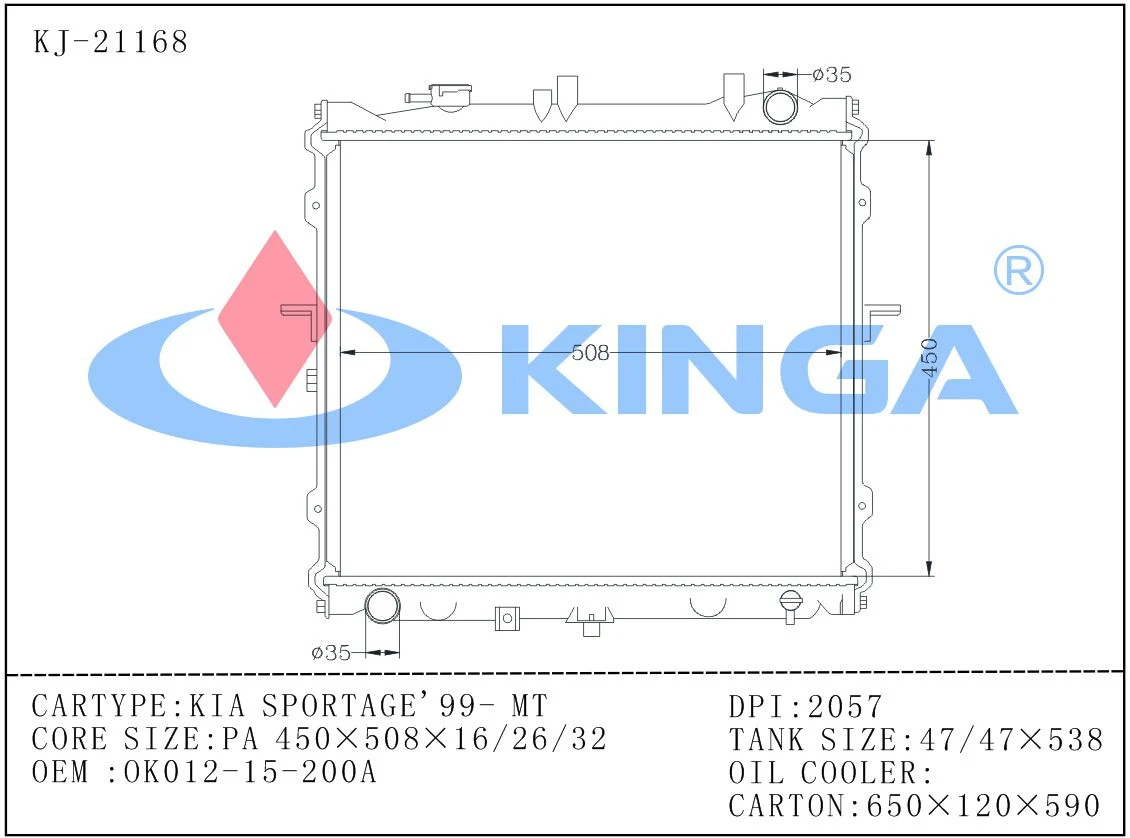 OEM 0K012-15-200A Auto Radiator for Hyundai KIA Sportage' 99- Mt Dpi 2057