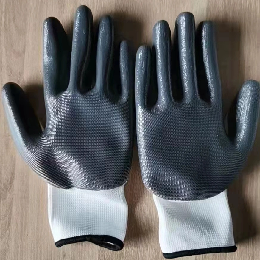 13 Gauge White Polyester Knitted Gray Nitrile Palm Coating Construction Workers Gloves