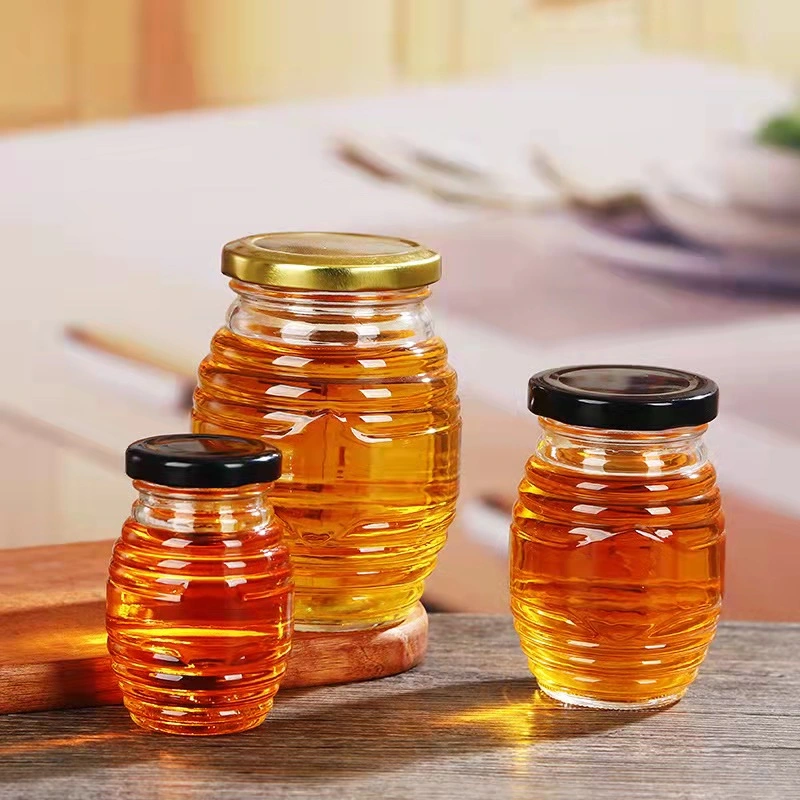 Unique Glass Storage Bottle with Thread Pattern Round 70ml 180ml 380ml 730ml Transparent Honey Jar