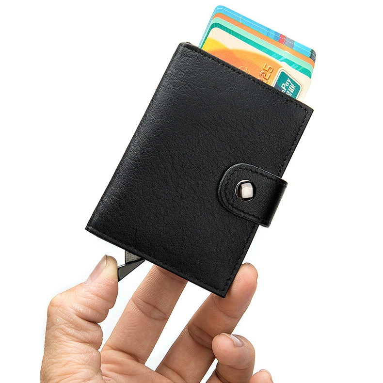 Black Leather Wallet RFID Blocking Aluminum Automatic Pop up Credit Card Holder