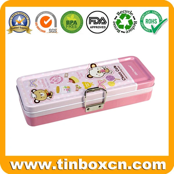 Double-Deck Stationery Metal Tin Box with Latch for Pencil Case