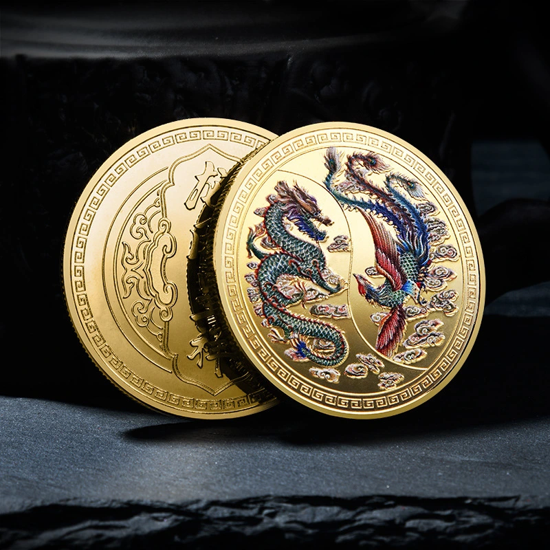 Badge Craft Commemorative Coins Custom Dragon and Phoenix Chengxiang Commemorative Gold Coins Zodiac Dragon and Phoenix Color Commemorative Medals Foreign Trade