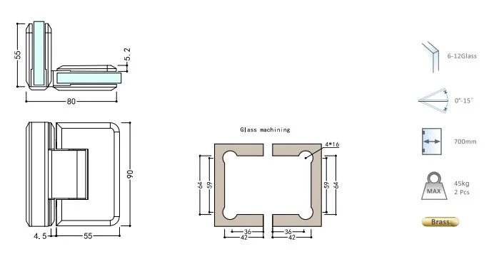 Accesorios para el baño instalación bisagras de 90° borde biselado vidrio puerta de ducha Bisagras para vidrio Glassto