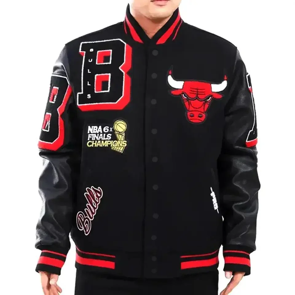 Custom Men's Wool Letterman Real Leather Varsity Jacket Black with Embroidery Logos