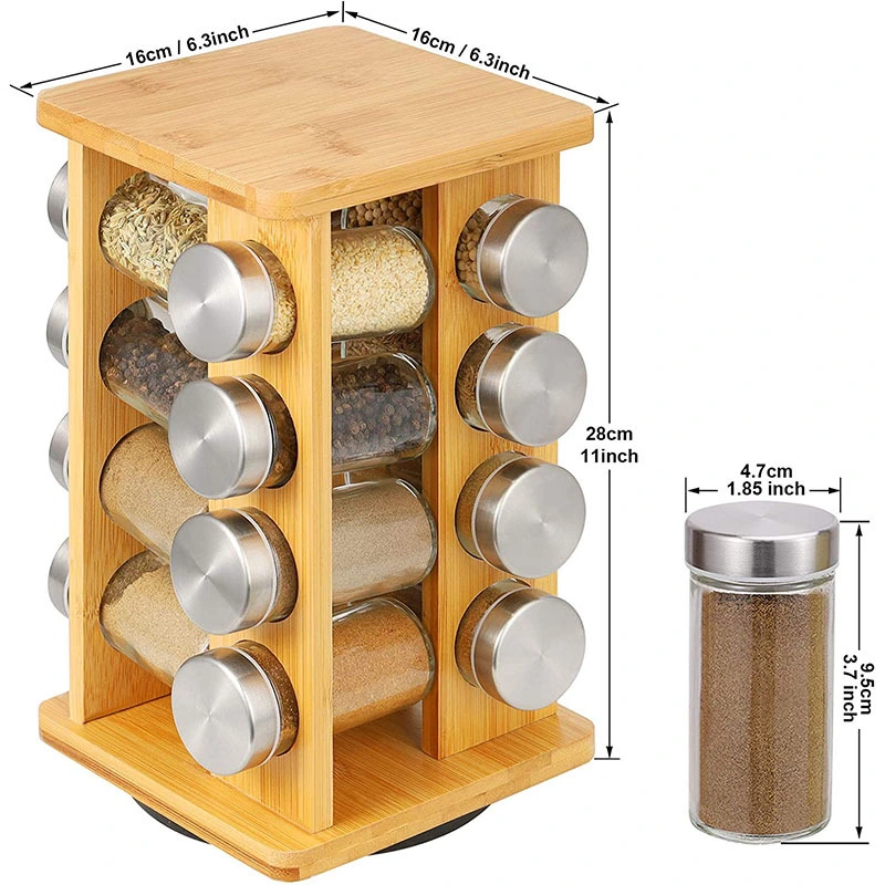 مجموعة أدوات الطبخ من Aveco Kitchen Storage Square Eco Bamboo Rotating Spice Racks مع 16 قطعة من دورق التوابل الشفاف