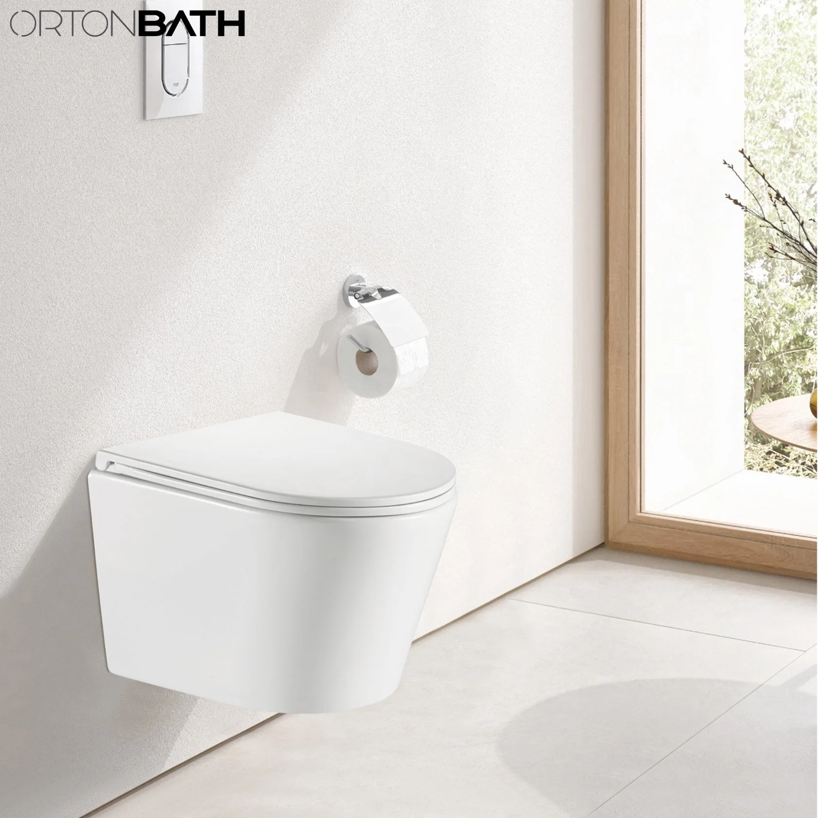 Ortonbath Badezimmer Sanitärkeramik Wandmontage Verdeckte Zisterne Verlängerte Toilettenschüssel Dual-Flush Keramik Wand hing WC WC mit WC-Sitzbezug