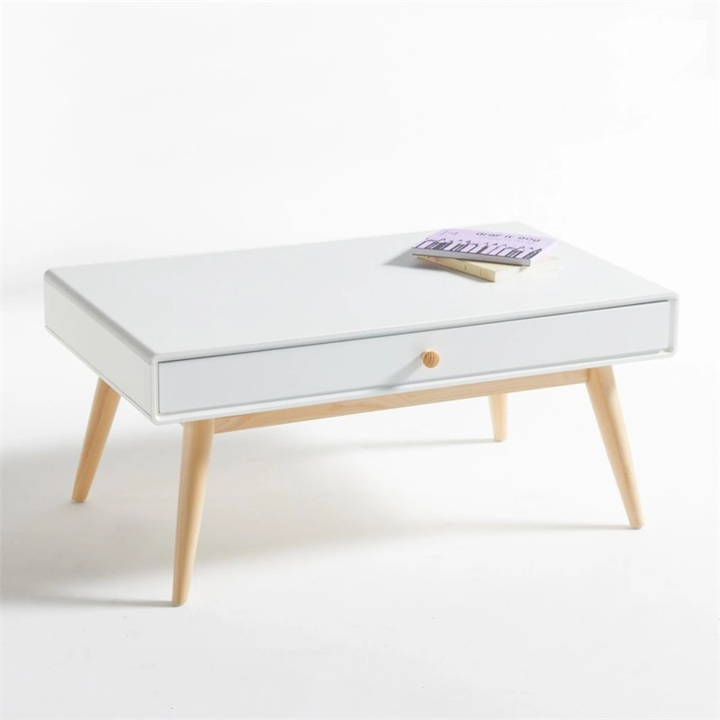 Mesa de café de madera blanca rectangular con un cajón