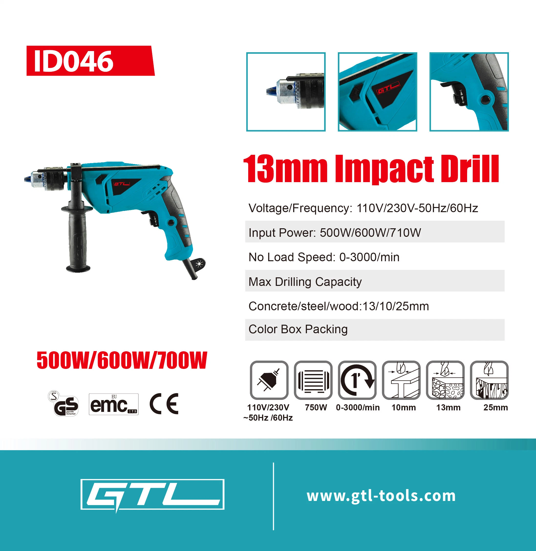 Taladro de impacto Power Tools, taladro eléctrico manual con mango giratorio de 360°, taladro de impacto Power Tool 500W/600W/710W 13mm (ID046)