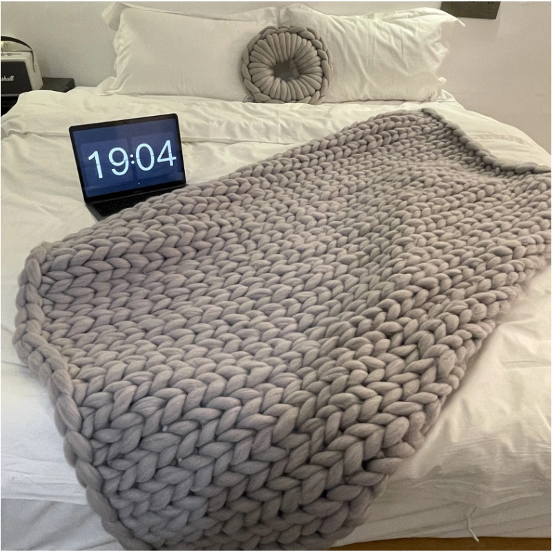 Handmade Crochet Chunky Weighted Knit Merino Wool Blanket Chenille Bed Sofa Throw Blankets