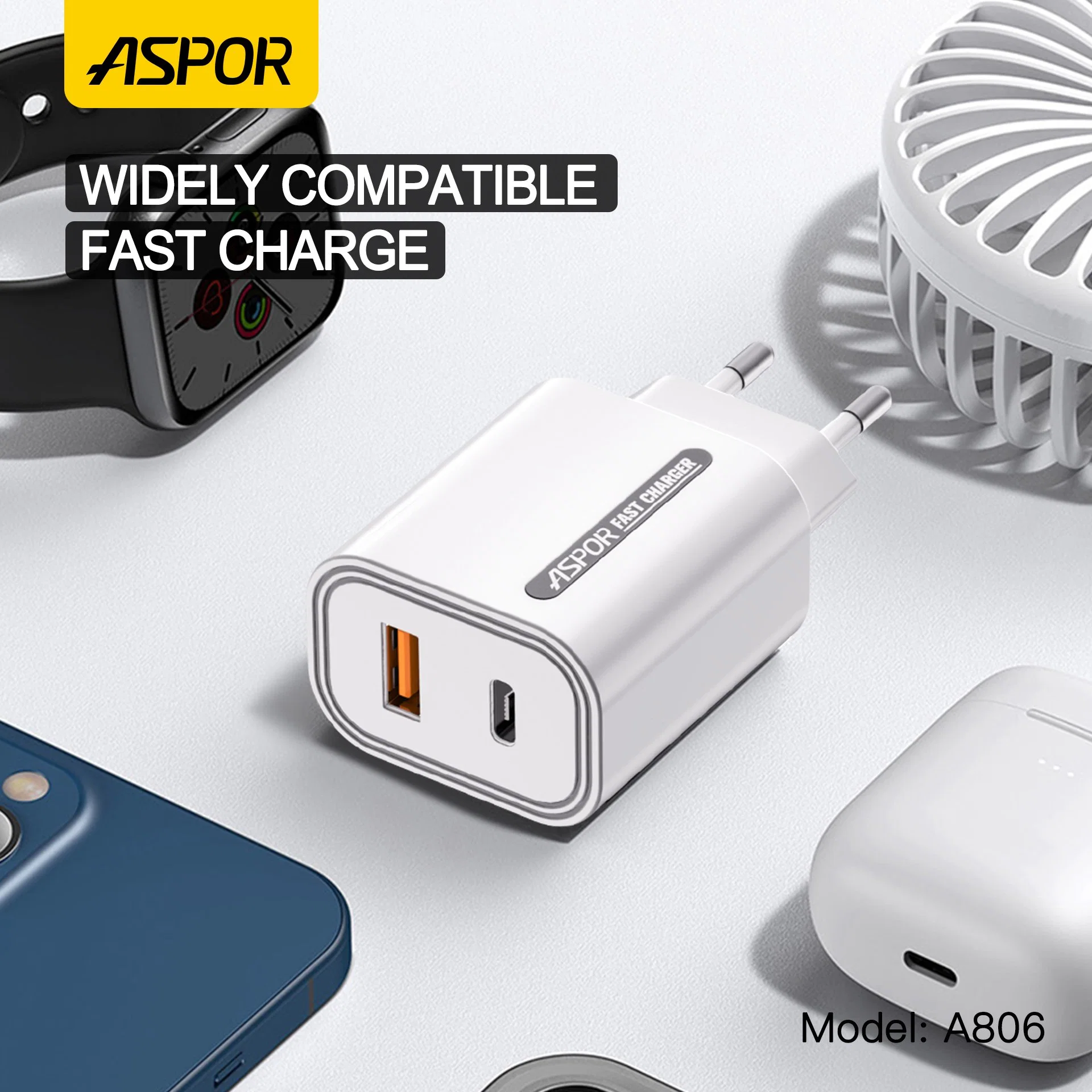 محول Aspor بقدرة 33 واط سريع PD+QC3.0 طراز شاحن حائط من نوع USB ج شاحن الهاتف