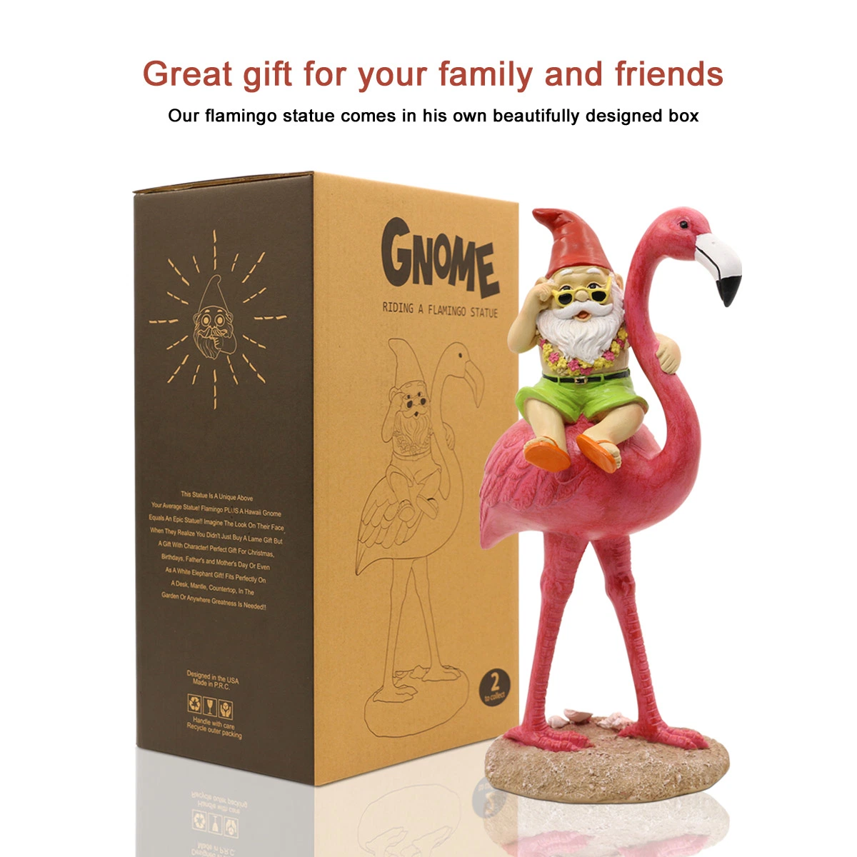 Nains de jardin drôle Riding Flamingo Statue, adorable Hawaii Gnome Figurine Yard ornement