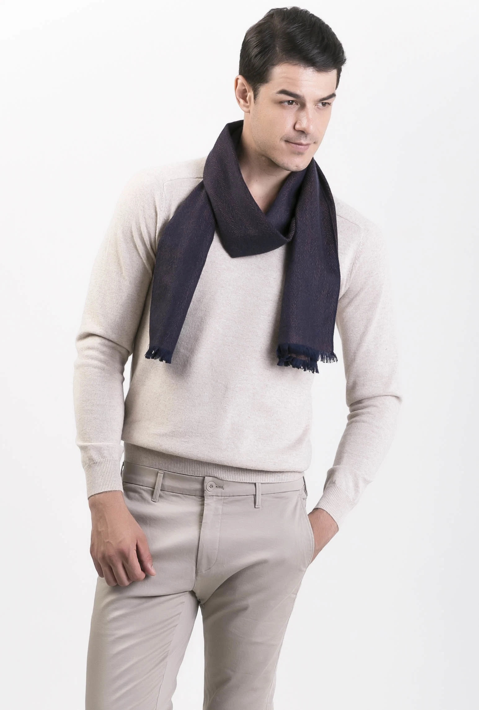 100% Extrafine Merino Wool Men's Neck Warm Herringbone Scarf; Gentleman's Wool Neck Warm Scarf