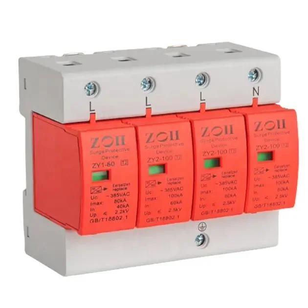 AC Lightning Arrester Earthing Lightning Protection System Four Phase Three Wir with CE 380V/220V 80ka Surge Arrestor T2