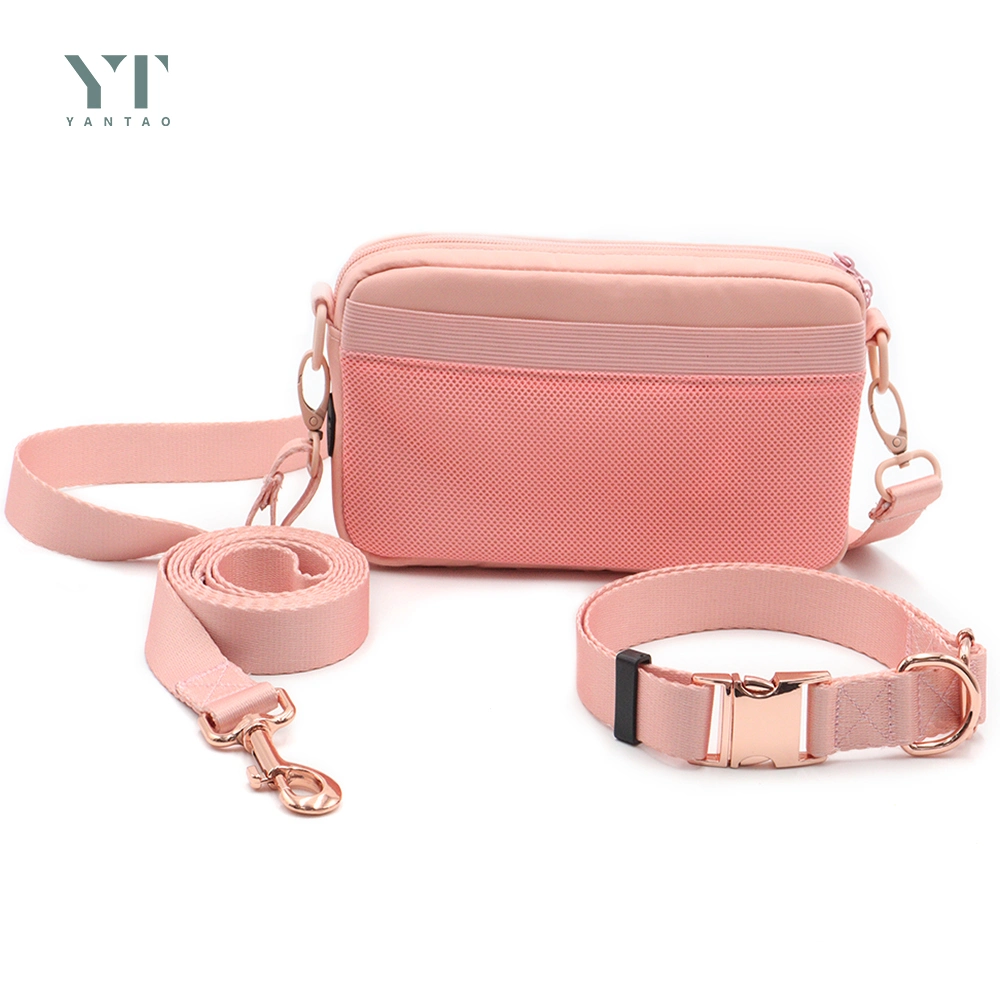 Pet Products High Quality Custom Luxury Pink Waterproof Dog Walking Bag Outdoor Large Capacity Poop Bag Soft and Durable Polyester Matching Leash and Collar