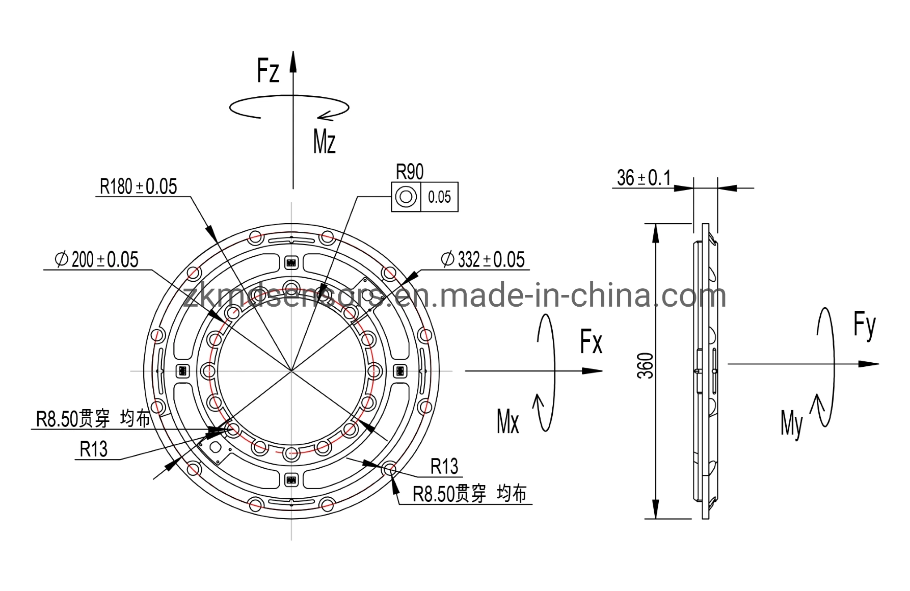 Zkmd Custom Made 6 Axis Wheel Force Sensor