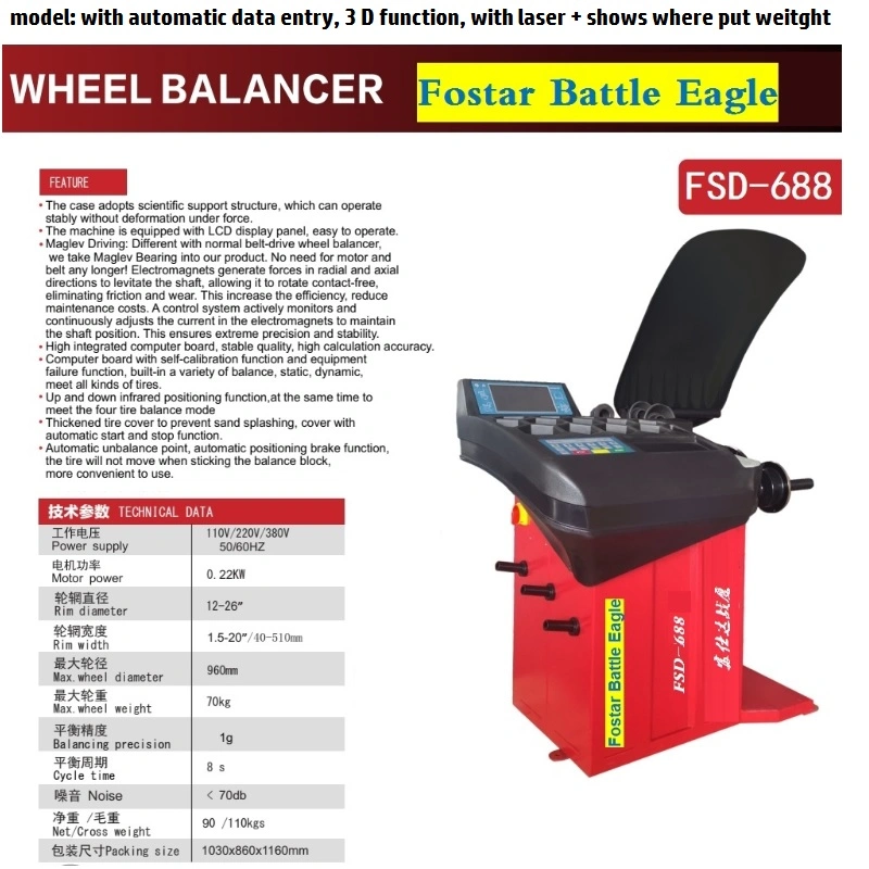 FSD-688 con entrada automática de datos, función 3 D, con láser + muestra dónde poner máquina de equilibrado de ruedas de peso