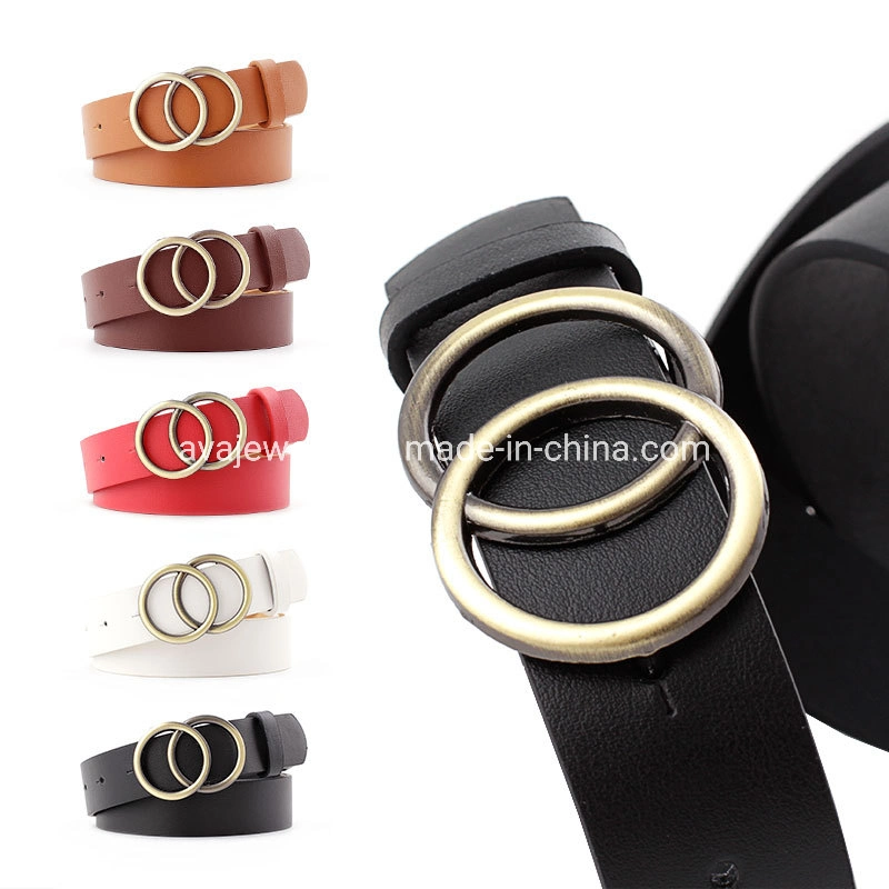 Fashion Leisure Women's PU Belt with Round Double Circle Buckle