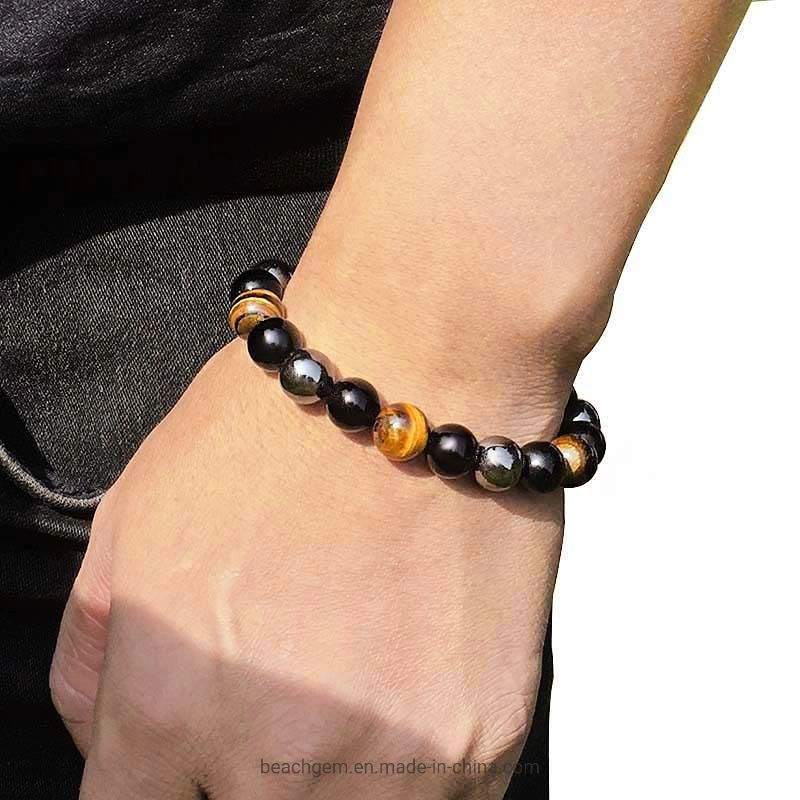 Pulsera de perlas de piedra curativa al por mayor Tigre de piedra preciosa natural y magnético Hematite con Obsidiana Negra