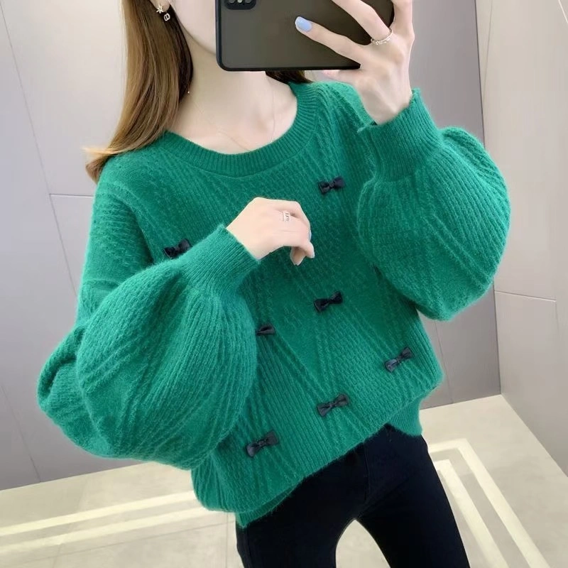 Crew Neck Pullover Leggings 2023 Autumn New Sweater Women's Short Style Bubble Sleeve Sweater Fashion Outside Women's Wear