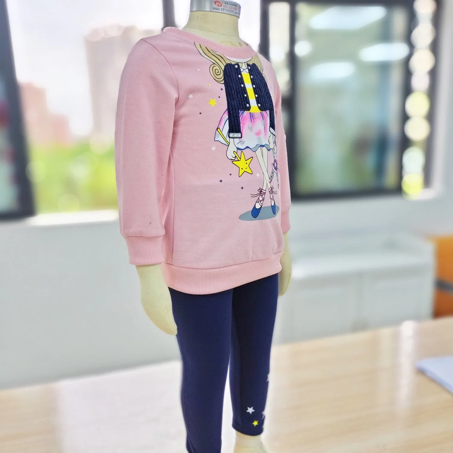 Girls&prime; Long Sleeve Pink Top Baby Printed Floral Drawstring Pants Cute Pattern Crew Neck Pullover