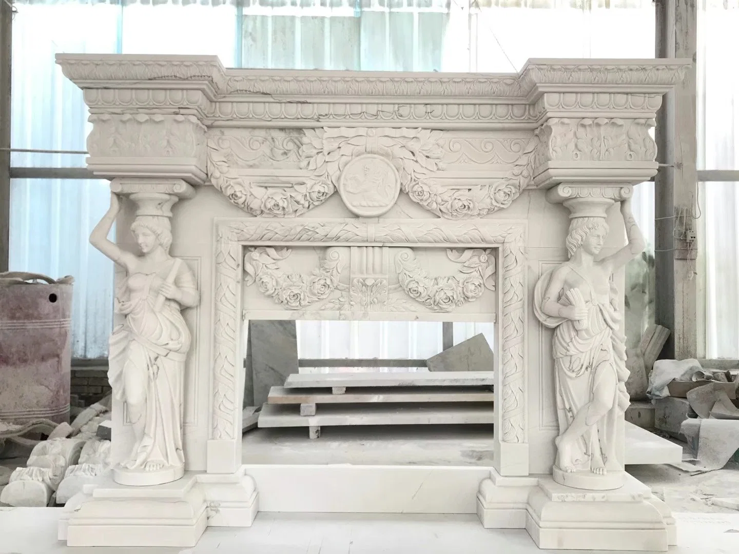 Top Grass White Jade Marble Fireplace