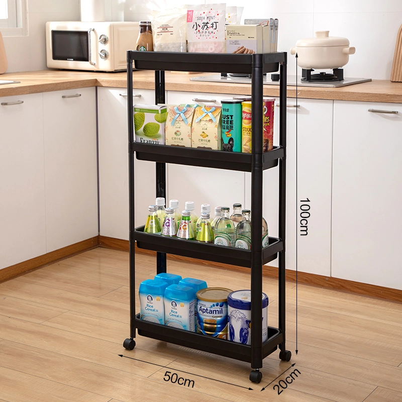 4 Layers Hot Selling Multi-Function Movable Plastic Slim Toys Fruit Vegetable Kitchen Bathroom Storage Rack with Wheels and Basket