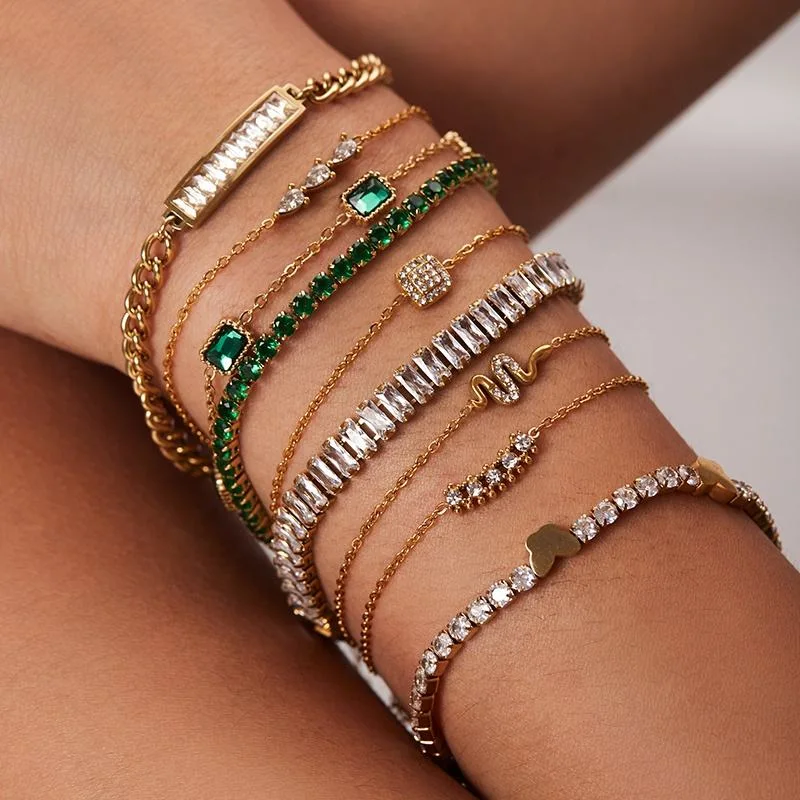 Gold Plated Stainless Steel Green Cubic Zirconia Bracelets