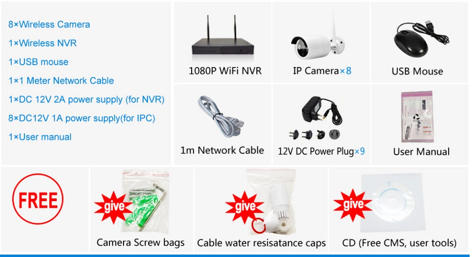 8CH Outdoor WiFi IP Camera WiFi NVR Kit WiFi IP Camera P2p Wireless NVR System