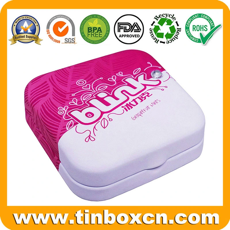 Small Square Candy Can Gum Mints Tin Box with Plastic Inserts Crystal