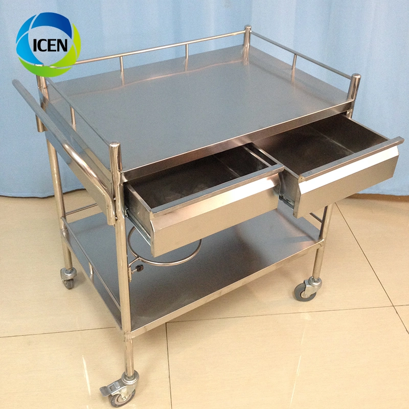 in-677 Stainless Steel Clinical Hospital Dressing Instrument Cart Trolley with 2 Drawer