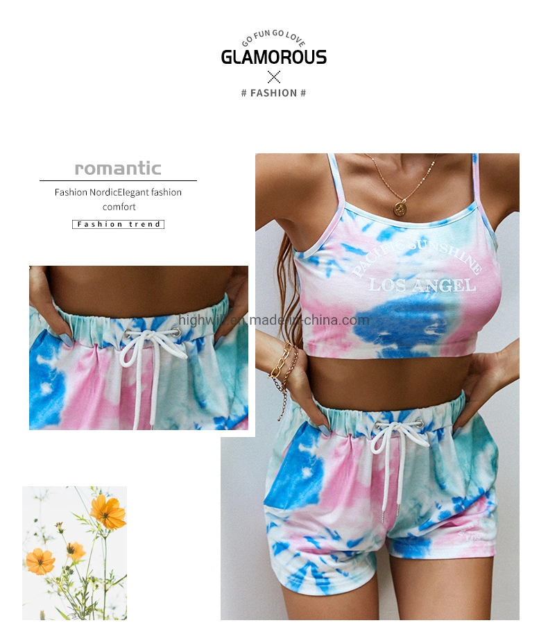 Sportbekleidung Strickjittel Textilbekleidung Krawatte Dye Print Cami Und kurze Set für Damen